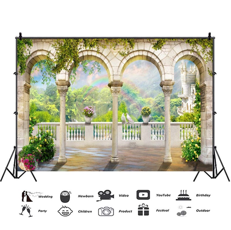 DORCEV 9x6ft Garden Arched Door Wedding Photography Backdrop Gorgeous Bridal Shower Engaged Theme Party Beautiful Building Rainbow Green Plants Backdrop Lover Adult Wedding Photo Shoot Prop Wallpaper - Image 3
